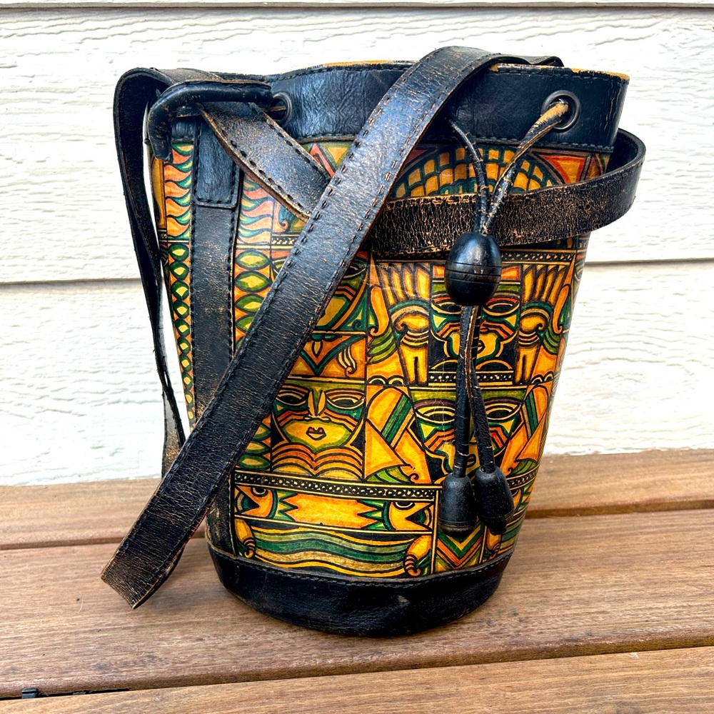 Vintage 70's Leather Sling Hippy Bucket Handbag Purse BOHO Tribal Drawstring Bag